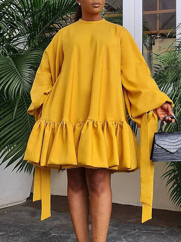 Original Loose Pleated Falbala Puff Sleeves Mini Dress