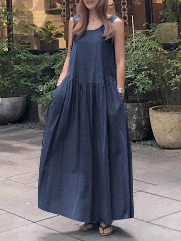 Loose Sleeveless Pleated Solid Color Split-Joint Round-Neck Maxi Dresses