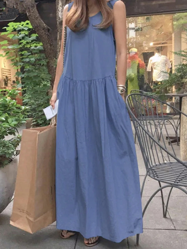 Loose Sleeveless Pleated Solid Color Split-Joint Round-Neck Maxi Dresses