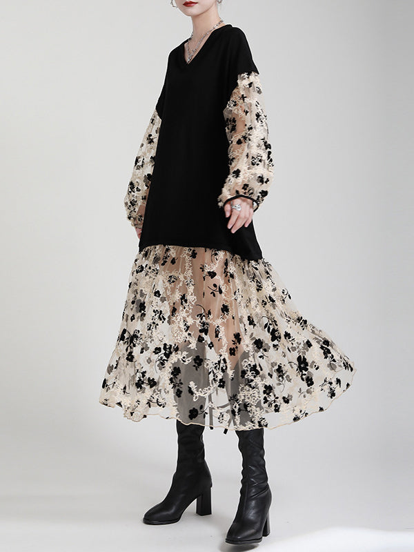 Look-Thin Jacquard Mesh Wide Side Long Sleeves Midi Dresses