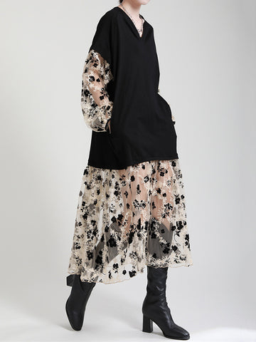 Look-Thin Jacquard Mesh Wide Side Long Sleeves Midi Dresses
